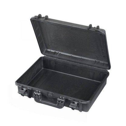The MAX465H125 is a black hard plastic watertight case with a hinged lid open, showing an empty interior, secure front latches, and a pressure release valve for added protection.