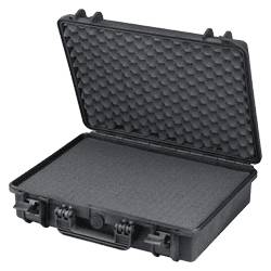 The MAX465H125 is a black watertight case with foam padding, shown open and empty. It features a handle, secure front latches, and a pressure release valve for enhanced protection.