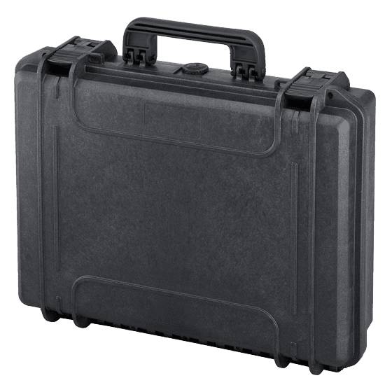 The MAX465H125 is a black watertight case with a handle and two secure latches, shown closed and upright, featuring a stackable interlocking system for easy transport and organization.