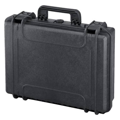 The MAX465H125 is a black watertight case with a handle and two secure latches, shown closed and upright, featuring a stackable interlocking system for easy transport and organization.