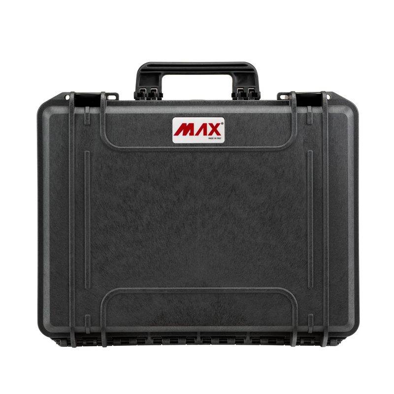 The MAX465H220 is a black hard-shell carrying case with a handle, metal latches, MAX logo, stackable interlocking system, watertight design, and a pressure release valve for extra protection.