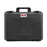 The MAX465H220 is a black hard-shell carrying case with a handle, metal latches, MAX logo, stackable interlocking system, watertight design, and a pressure release valve for extra protection.