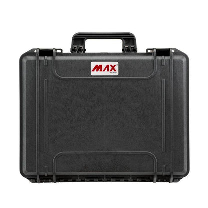 The MAX465H220 is a black hard-shell carrying case with a handle, metal latches, MAX logo, stackable interlocking system, watertight design, and a pressure release valve for extra protection.