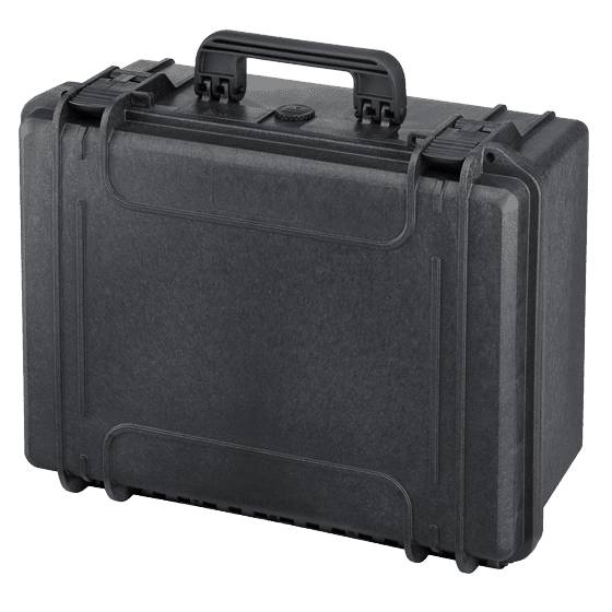 The MAX465H220 is a black hard-shell carrying case featuring a handle, two top-front latches, a pressure release valve, and a stackable interlocking system for secure transport and easy storage.