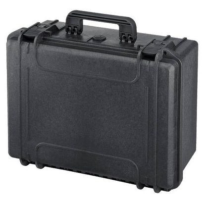 The MAX465H220 is a black hard-shell carrying case featuring a handle, two top-front latches, a pressure release valve, and a stackable interlocking system for secure transport and easy storage.