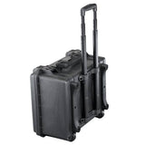 The MAX465H220TR With Wheels And Retractable Handle is a hard-shell black rolling watertight case with two wheels, a telescopic handle, and a pressure release valve, ideal for transporting equipment.