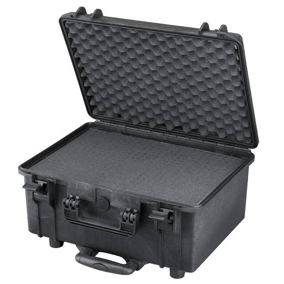 The MAX465H220TR is a black hard-shell, watertight case with foam padding, wheels, a retractable handle, secure front latches, and a pressure release valve for safe transport.