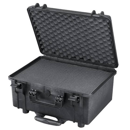 The MAX465H220TR is a black hard-shell, watertight case with foam padding, wheels, a retractable handle, secure front latches, and a pressure release valve for safe transport.