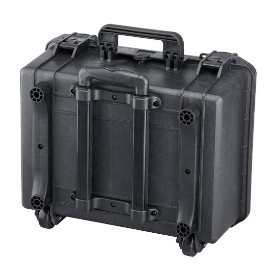 The MAX465H220TR With Wheels And Retractable Handle is a black, hard-shell rolling case with reinforced corners, two wheels, and a watertight design for secure equipment transport and protection.