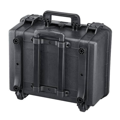 The MAX465H220TR With Wheels And Retractable Handle is a black, hard-shell rolling case with reinforced corners, two wheels, and a watertight design for secure equipment transport and protection.