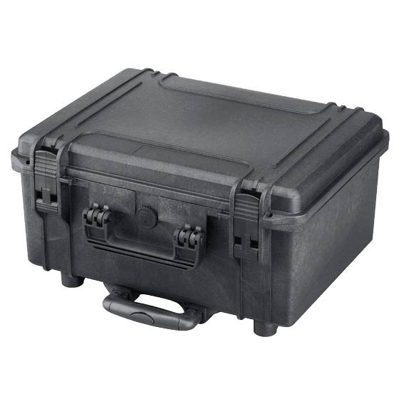 The MAX465H220TR is a black hard plastic watertight case with reinforced corners, front latches, carrying handle, pressure release valve, wheels, and a retractable handle for enhanced protection and mobility.