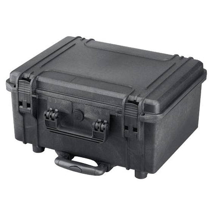 The MAX465H220TR is a black hard plastic watertight case with reinforced corners, front latches, carrying handle, pressure release valve, wheels, and a retractable handle for enhanced protection and mobility.