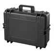 The MAX505 is a black hard plastic carrying case with a handle and secure latches, shown closed on a white background. Dust proof, it features an automatic pressure release valve for extra protection.