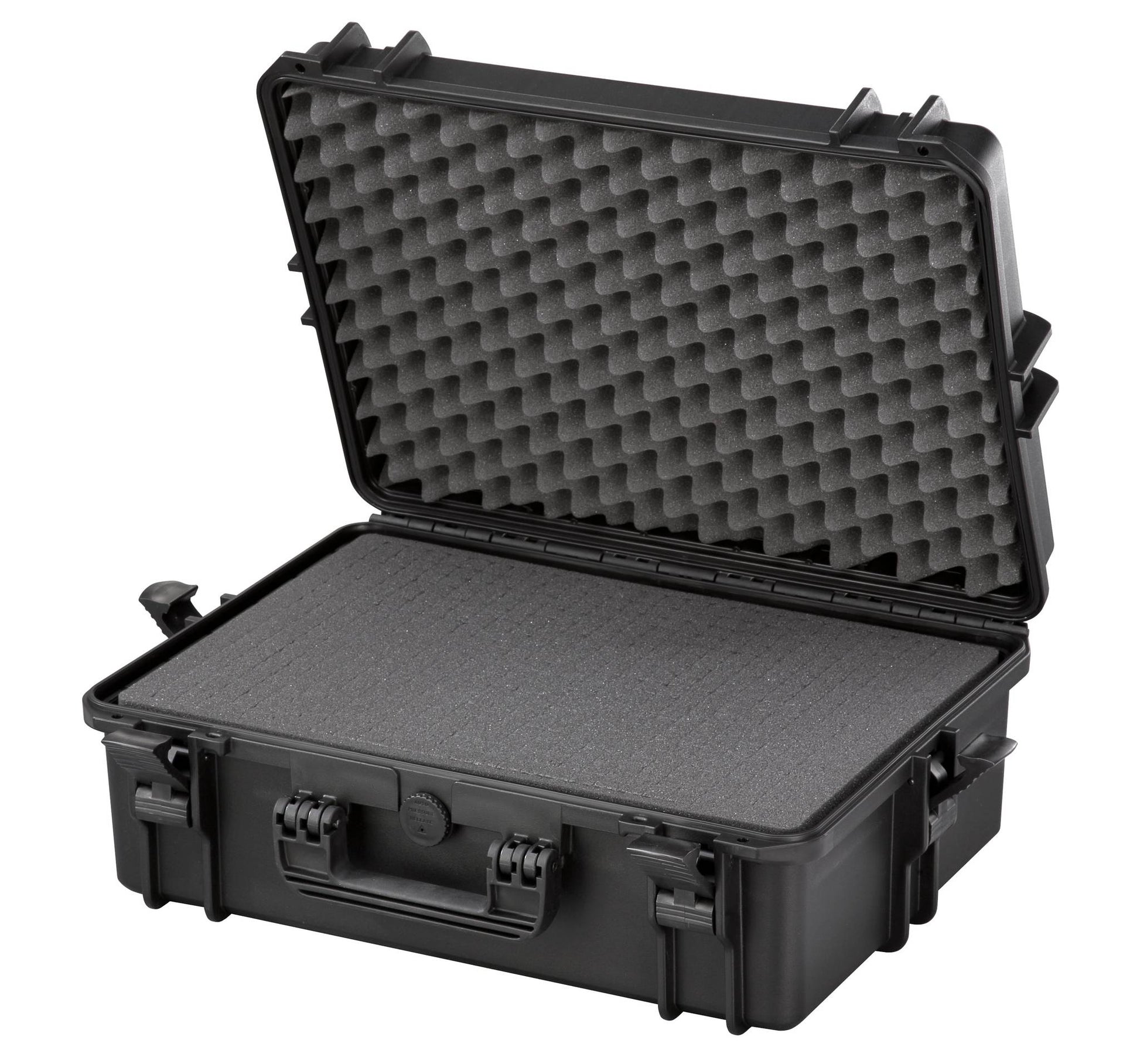 The MAX505 is a black hard shell watertight protective case with foam padding and an automatic pressure release valve, pictured open on a white background.