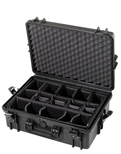 The MAX505 is a black hard-shell, dust-proof case shown open, featuring foam padding and multiple adjustable compartments inside.