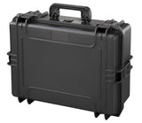 The MAX505 is a black watertight protective case with a handle, secure latches, dustproof protection, and an automatic pressure relief valve, shown upright on a white background.