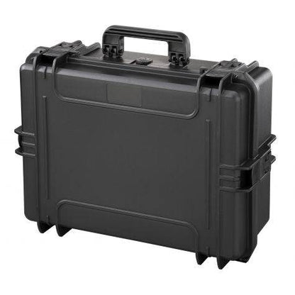 The MAX505CAM Camera Case is a black hard-shell case with a handle, secure latches, and a pressure release valve, shown closed against a white background.