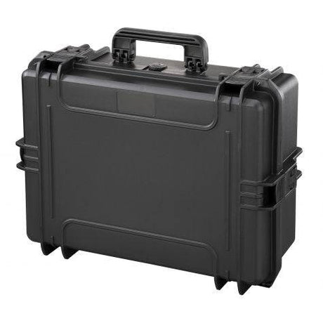 The MAX505CAM Camera Case is a black hard-shell case with a handle, secure latches, and a pressure release valve, shown closed against a white background.