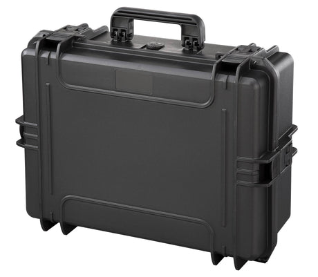 The MAX505CAM Camera Case is a black hard-shell, watertight case with a handle and secure latches, shown closed and upright, to keep your valuables protected in any conditions.