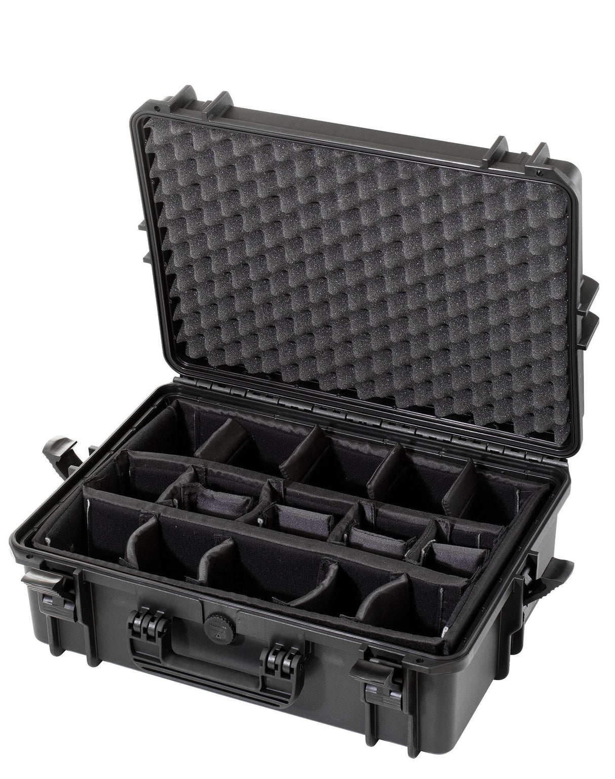The MAX505CAM Camera Case is a black hard-shell, watertight case with foam padding, a pressure release valve, and multiple adjustable compartments, pictured open on a white background.