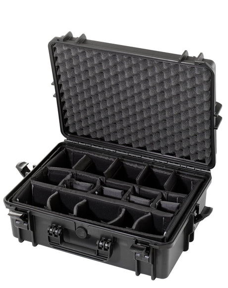 The MAX505CAM Camera Case is a black hard-shell, watertight case with foam padding, a pressure release valve, and multiple adjustable compartments, pictured open on a white background.