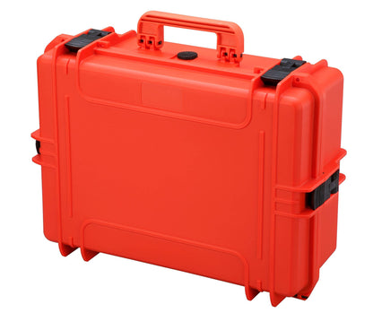 The MAX505CAM Camera Case is a bright orange, hard plastic watertight case with a handle, black latches, and a pressure release valve. Shown closed and upright against a white background.