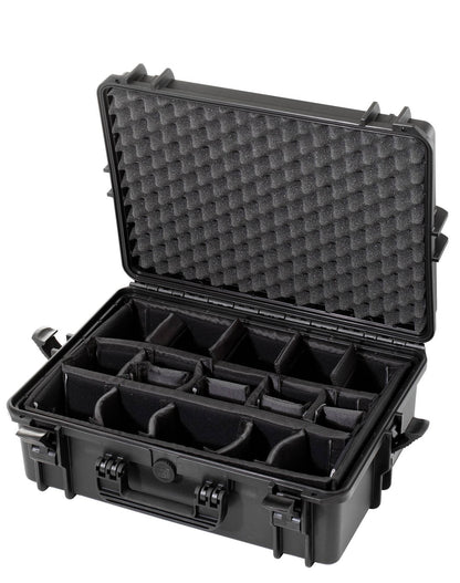 The MAX505CAMTR Camera Case With Wheels and Retractable Handle is a hard-shell black watertight case, open to reveal foam padding in the lid and multiple adjustable compartments inside.