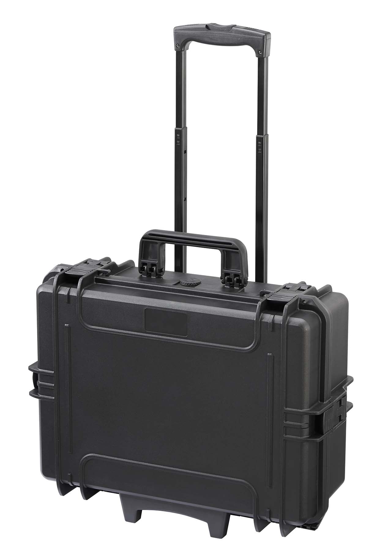 The MAX505CAMTR Camera Case With Wheels and Retractable Handle is a durable, black hard-shell case with a pressure release valve and telescopic handle for secure, safe transport.