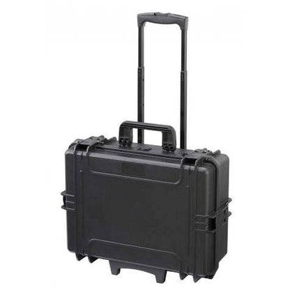 The MAX505CAMTR Camera Case With Wheels and Retractable Handle is a black hard-shell case featuring two side latches, a pressure release valve, and a retractable handle for secure, easy transport.