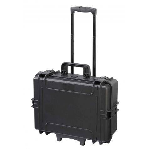The MAX505CAMTR Camera Case With Wheels and Retractable Handle is a black hard-shell case featuring two side latches, a pressure release valve, and a retractable handle for secure, easy transport.