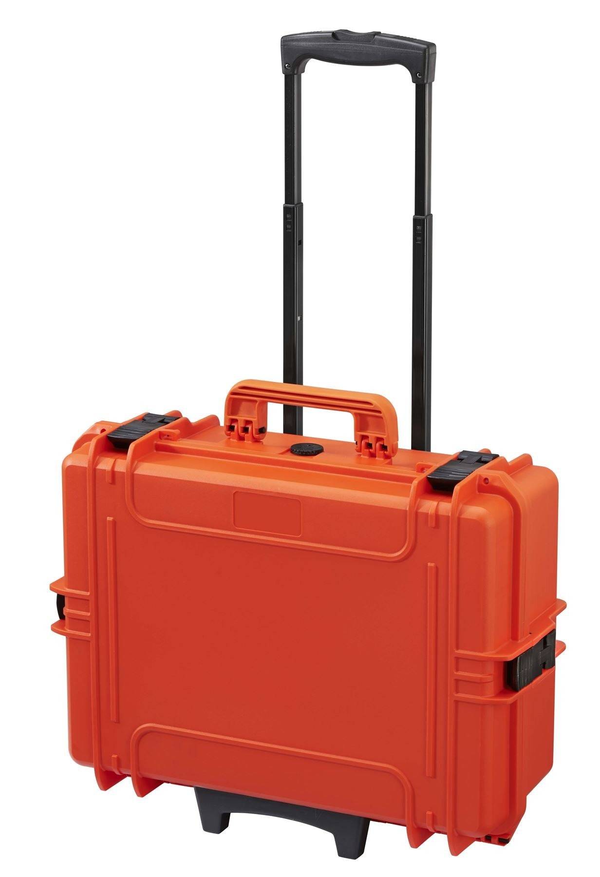 The MAX505CAMTR Camera Case With Wheels And Retractable Handle is a bright orange, watertight hard-shell case featuring secure latches, a pressure release valve, and a retractable handle for safe equipment transport.