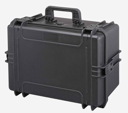 The MAX505H280TR is a black, hard-shell polypropylene tool case with wheels, retractable handle, secure latches, and watertight design, shown against a plain white background.
