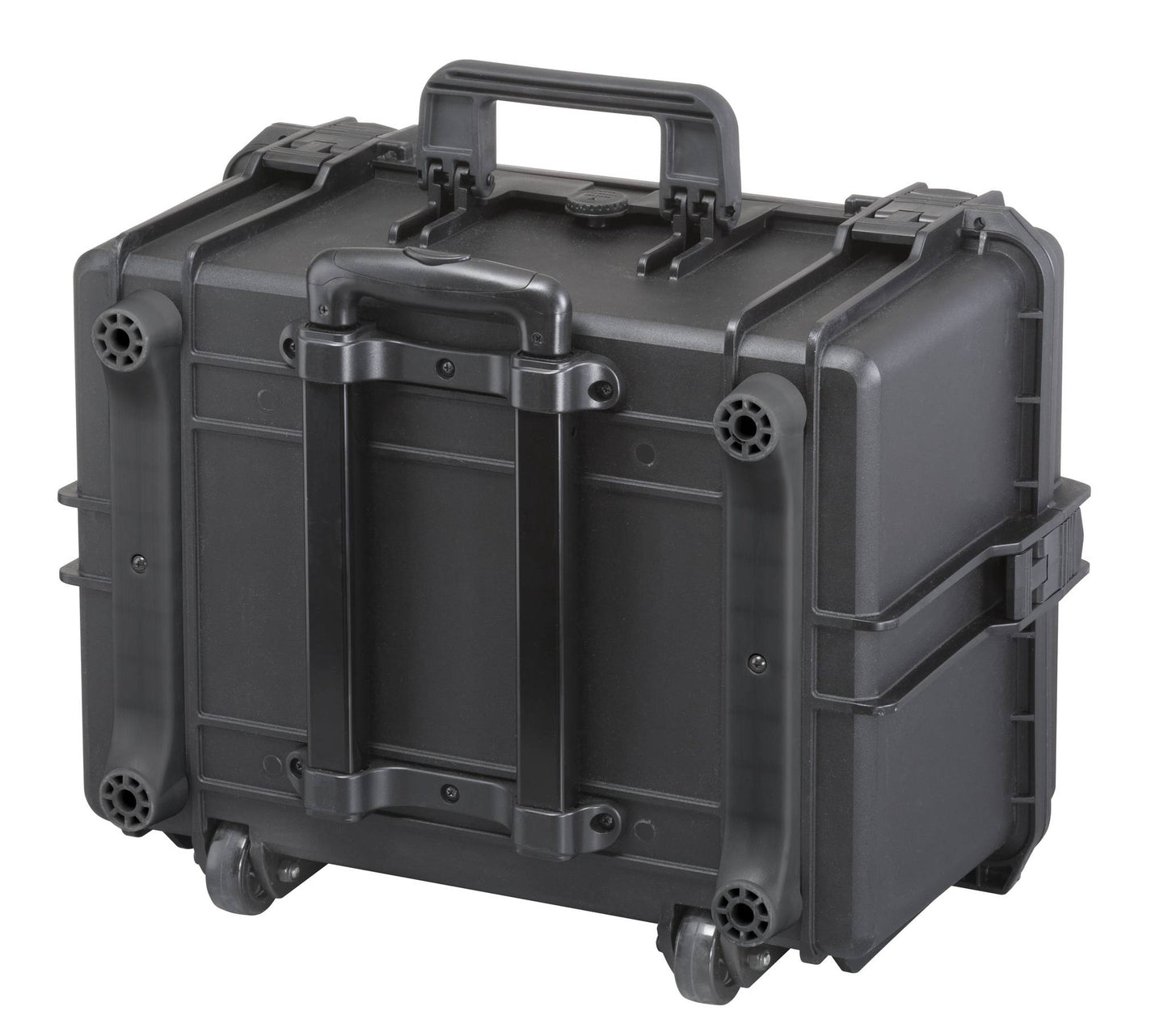 The MAX505H280TR is a black polypropylene storage box with a hard shell, wheels, latches, and a retractable handle, designed to stand upright.