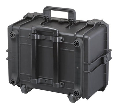 The MAX505H280TR is a black polypropylene storage box with a hard shell, wheels, latches, and a retractable handle, designed to stand upright.