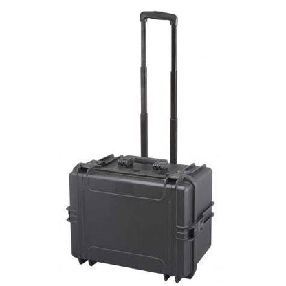 The MAX505H280TR With Wheels And Retractable Handle is a black hard-shell rolling suitcase, similar to a protective case, with the telescopic handle extended, shown on a white background.