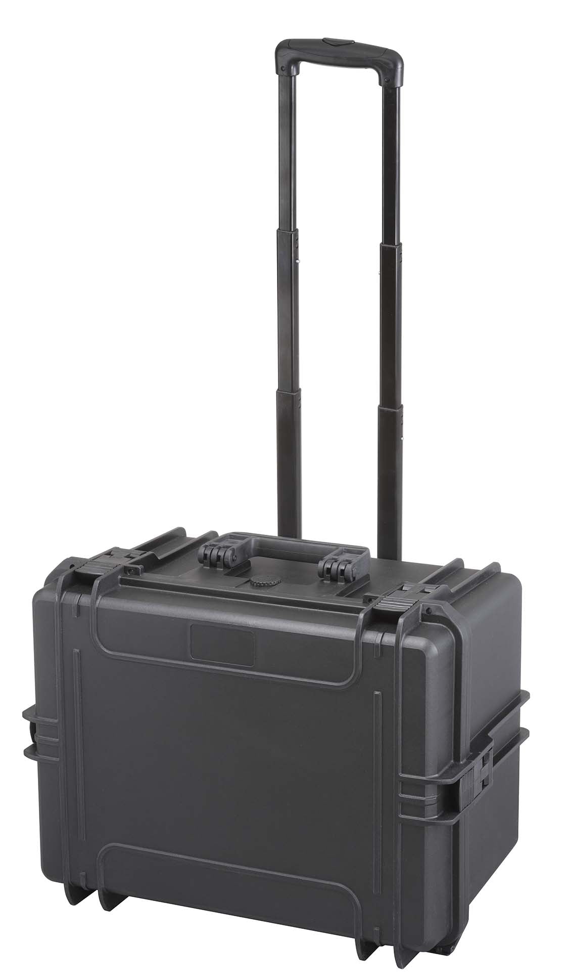 The MAX505H280TR features wheels, a retractable telescopic handle, two side handles, and secure latches. This black watertight tool case is shown standing upright on a white background.
