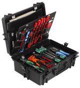 The MAX505PU Tool Case, in black, features a stackable interlocking design and neatly organizes hand tools—screwdrivers, pliers, and wrenches—in dedicated compartments and holders inside the case.