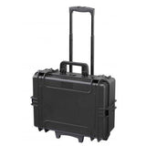 The MAX505PUTR Tool Case With Wheels and Retractable Handle is a black, heavy-duty case with a hard shell, side latches, and extended telescopic handle for robust protection and easy transport of your tools.
