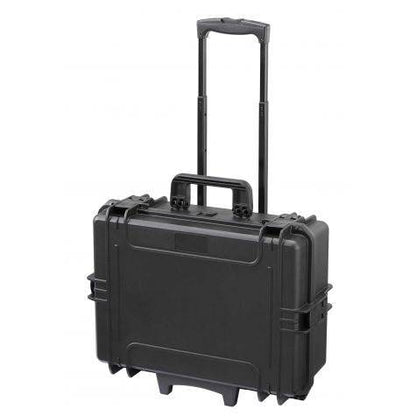 The MAX505PUTR Tool Case With Wheels and Retractable Handle is a black, heavy-duty case with a hard shell, side latches, and extended telescopic handle for robust protection and easy transport of your tools.