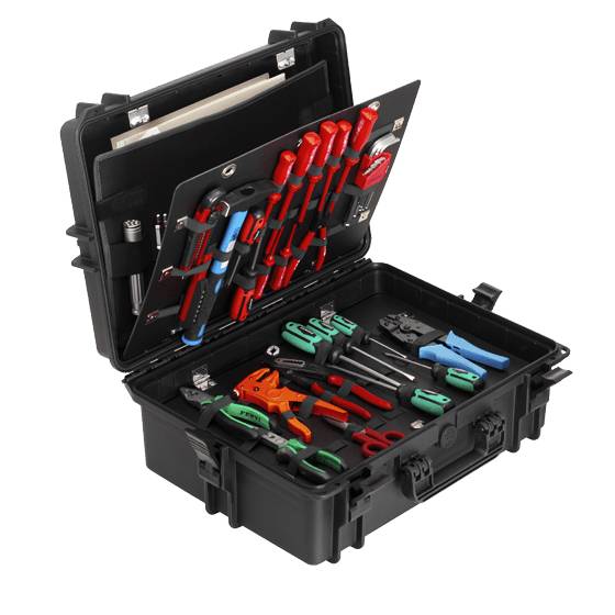 The MAX505PUTR Tool Case With Wheels And Retractable Handle opens to reveal neatly organized hand tools, such as screwdrivers, pliers, and wrenches, all secured in place by dedicated slots and elastic bands.