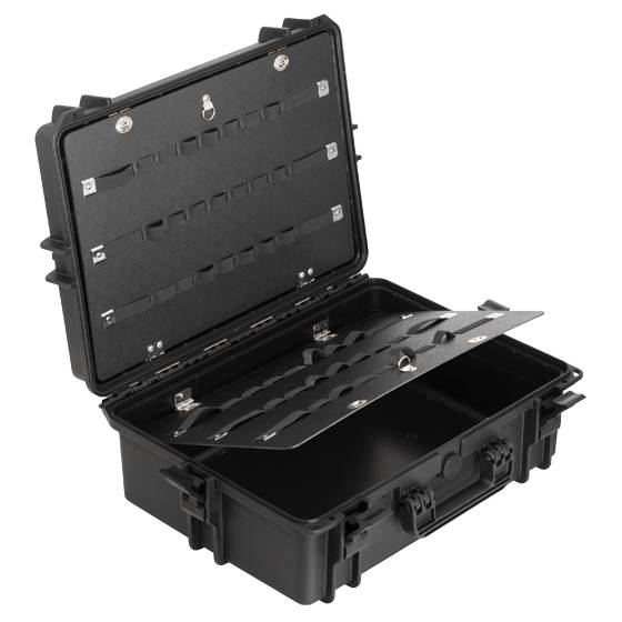 The MAX505PUTR Tool Case With Wheels And Retractable Handle is a black hard-shell storage case with an open lid, featuring internal dividers and straps for organizing tools or equipment.