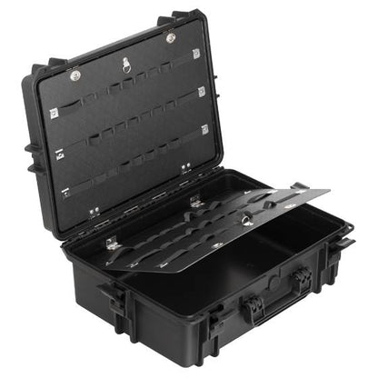 The MAX505PUTR Tool Case With Wheels And Retractable Handle is a black hard-shell storage case with an open lid, featuring internal dividers and straps for organizing tools or equipment.