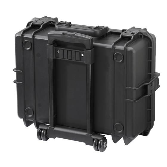 The MAX505PUTR Tool Case features a hard shell, retractable handle, and two wheels, offering secure and portable protection for sensitive or valuable items.