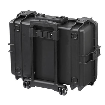 The MAX505PUTR Tool Case features a hard shell, retractable handle, and two wheels, offering secure and portable protection for sensitive or valuable items.