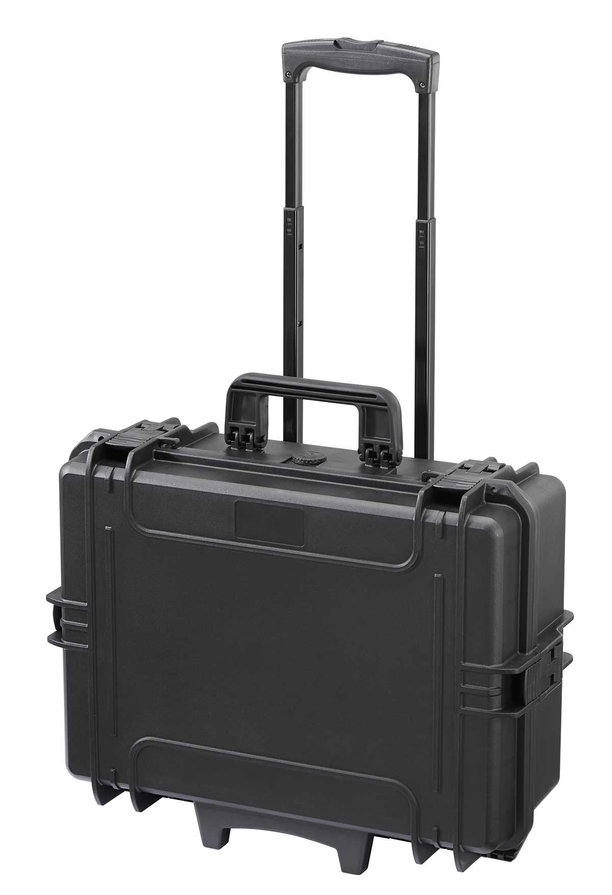 The MAX505PUTR Tool Case With Wheels And Retractable Handle is a black watertight hard-shell case with two secure latches and a telescopic handle, shown on a white background.