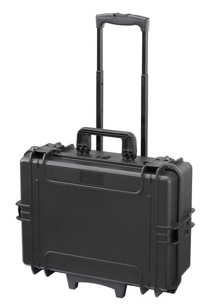 The MAX505PUTR Tool Case With Wheels And Retractable Handle is a black watertight hard-shell case with two secure latches and a telescopic handle, shown on a white background.