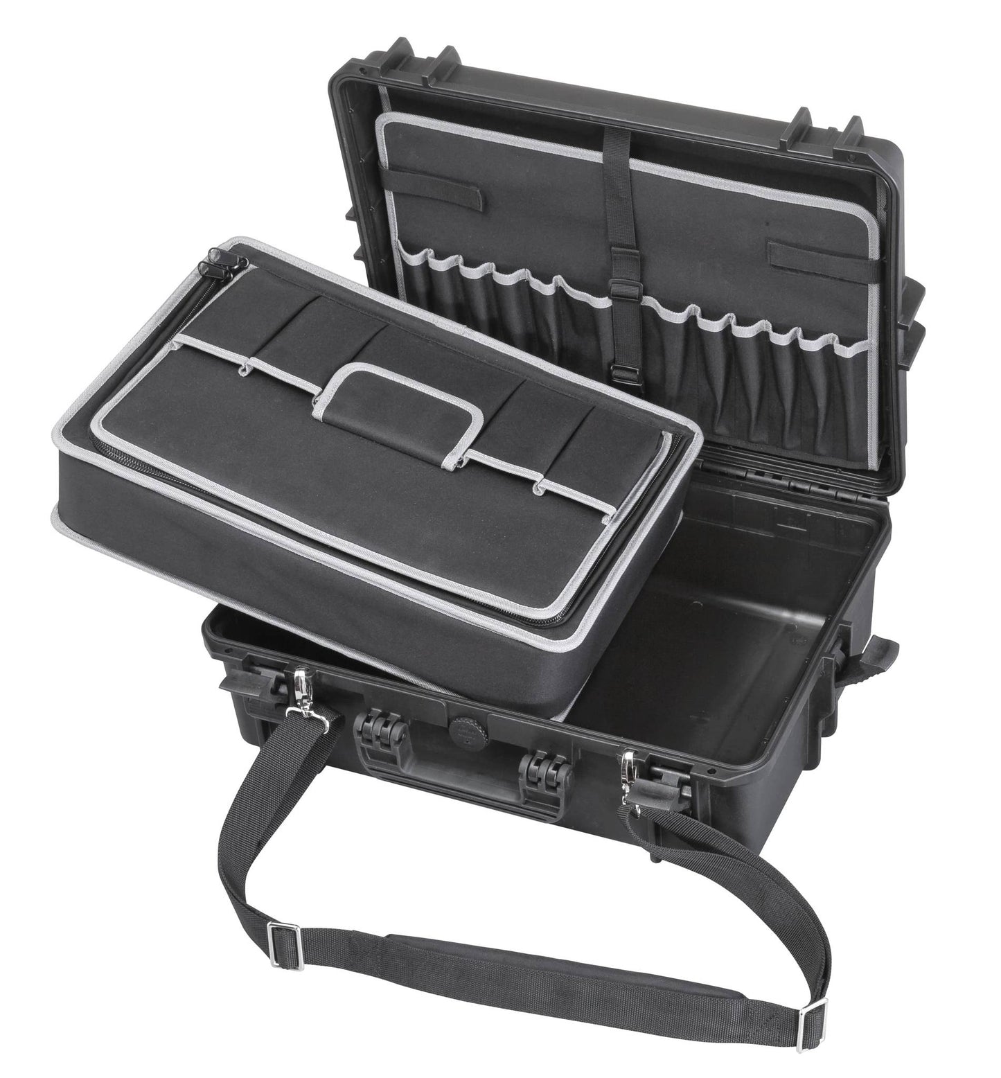 The MAX505TC Tool Case is a rugged polypropylene case with a removable organizer tray, lid compartments, elastic tool holders, and an adjustable shoulder strap—perfect for organizing your tools.