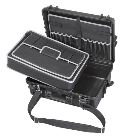 The MAX505TC Tool Case is a rugged polypropylene case with a removable organizer tray, lid compartments, elastic tool holders, and an adjustable shoulder strap—perfect for organizing your tools.