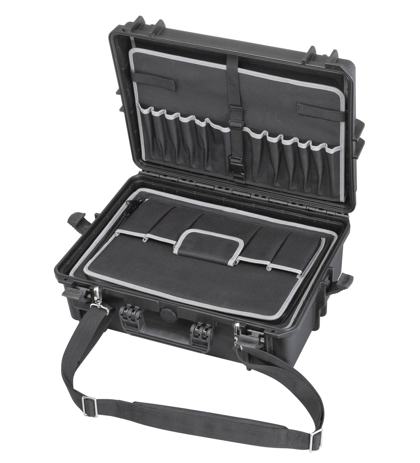 The MAX505TC Tool Case is a hard-shell black polypropylene case with a shoulder strap, featuring padded interior compartments and multiple pockets for organized, reliable tool storage.