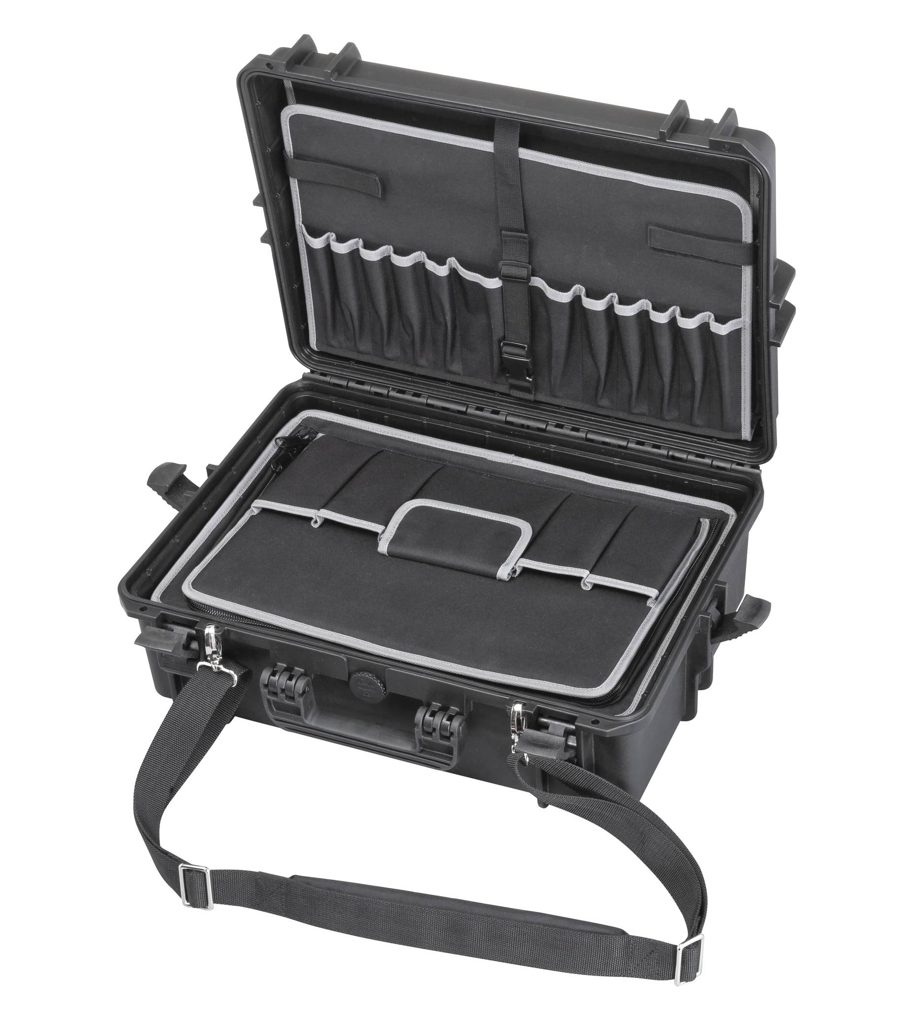 The MAX505TC Tool Case is a hard-shell black polypropylene case with a shoulder strap, featuring padded interior compartments and multiple pockets for organized, reliable tool storage.